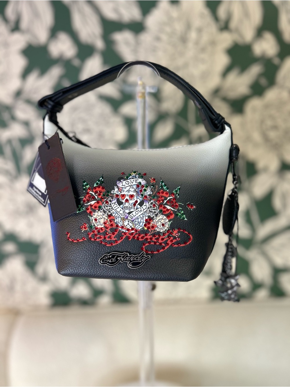 Ed Hardy Black Ombre Floral Embellished Shoulder Bag NWT